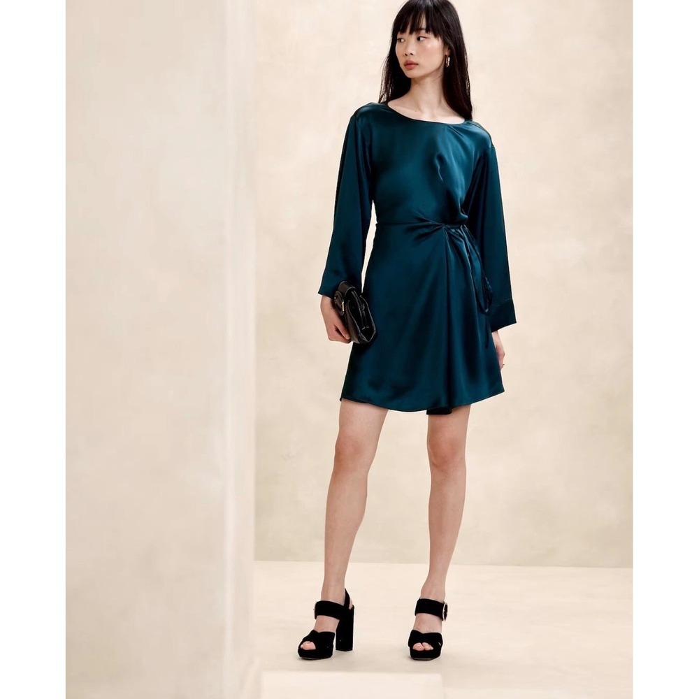 Banana Republic Treccia Satin Mini Dress Size XXS Petite Teal Tie Waist Cocktail - Picture 16 of 16